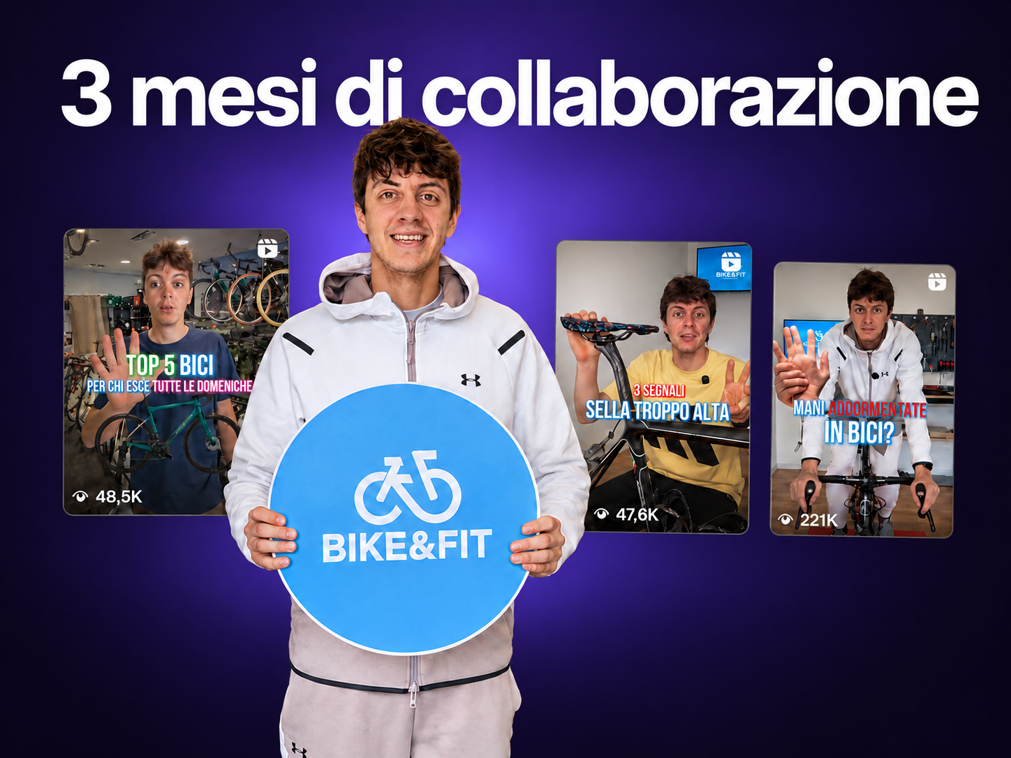 Filippo Galli con il logo Bike&Fit e tre contenuti realizzati nei tre mesi di collaborazione